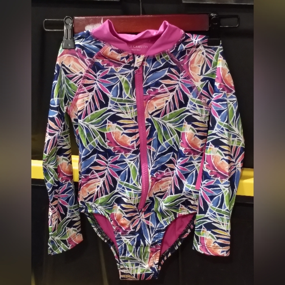 Sz. 5 Vince Camuto Vibrant Tropical Long Sleeve One-Piece Toddler Swimsuit